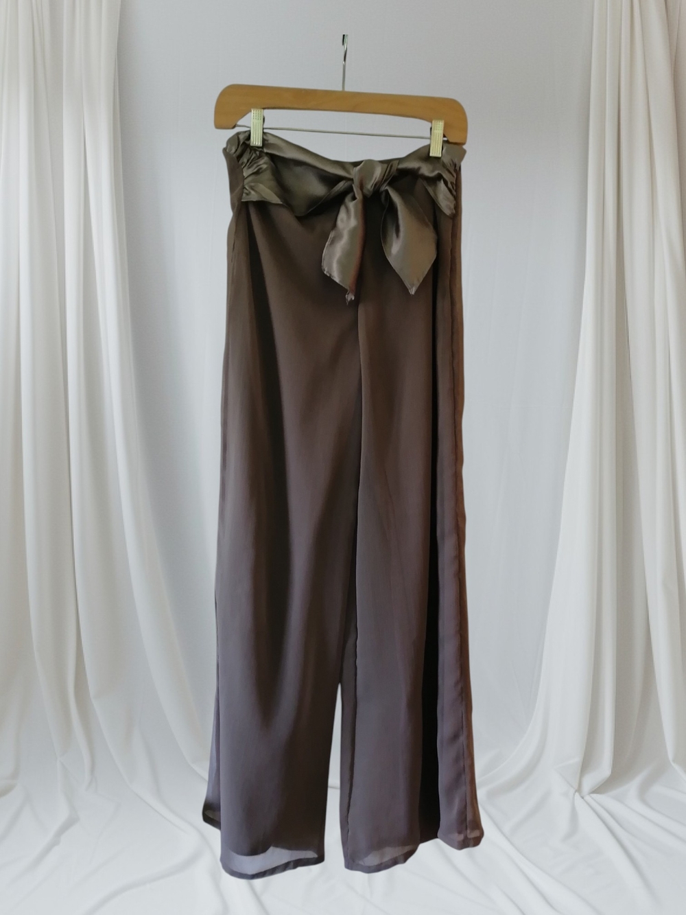 High-Rise Wide-Leg Satin Waist Tie Pants in Brown